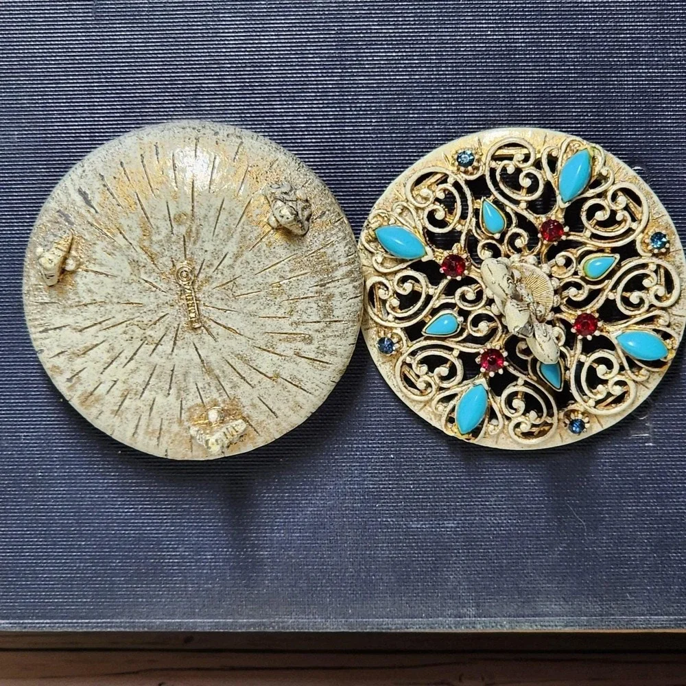 Vintage Florenza Fleur de Lis Trinket Box Jeweled Turquoise‎ Filigree Victorian